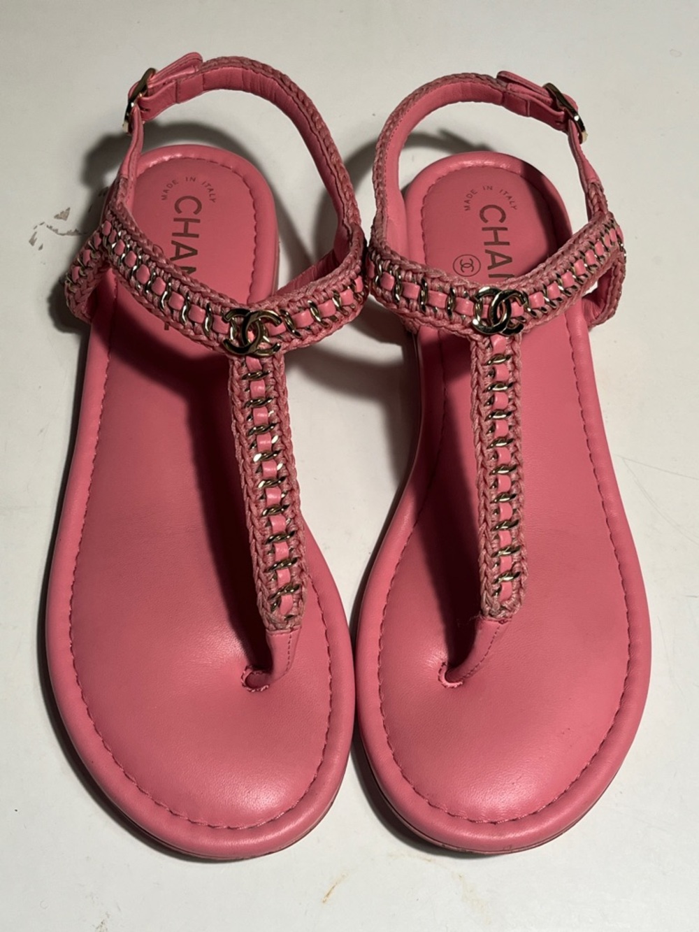 CHANEL Pink Braided T-Strap Sandals with Double C Hardware